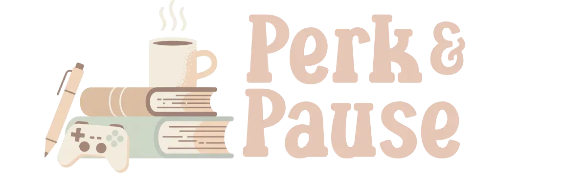 Perk and Pause Logo -- stack of books, coffee cup, game controller, and pen