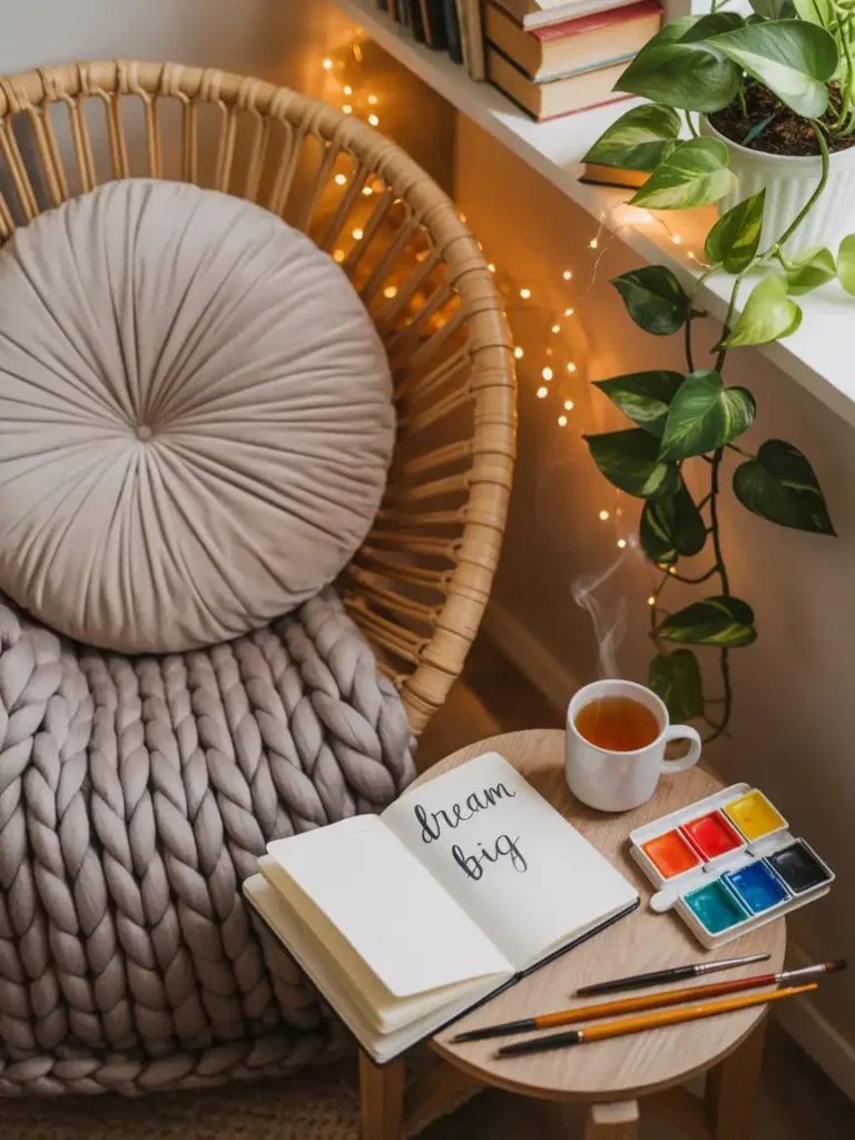 A cozy wicker chair with knit blanket and pillow. A table with a mug of tea and art supplies